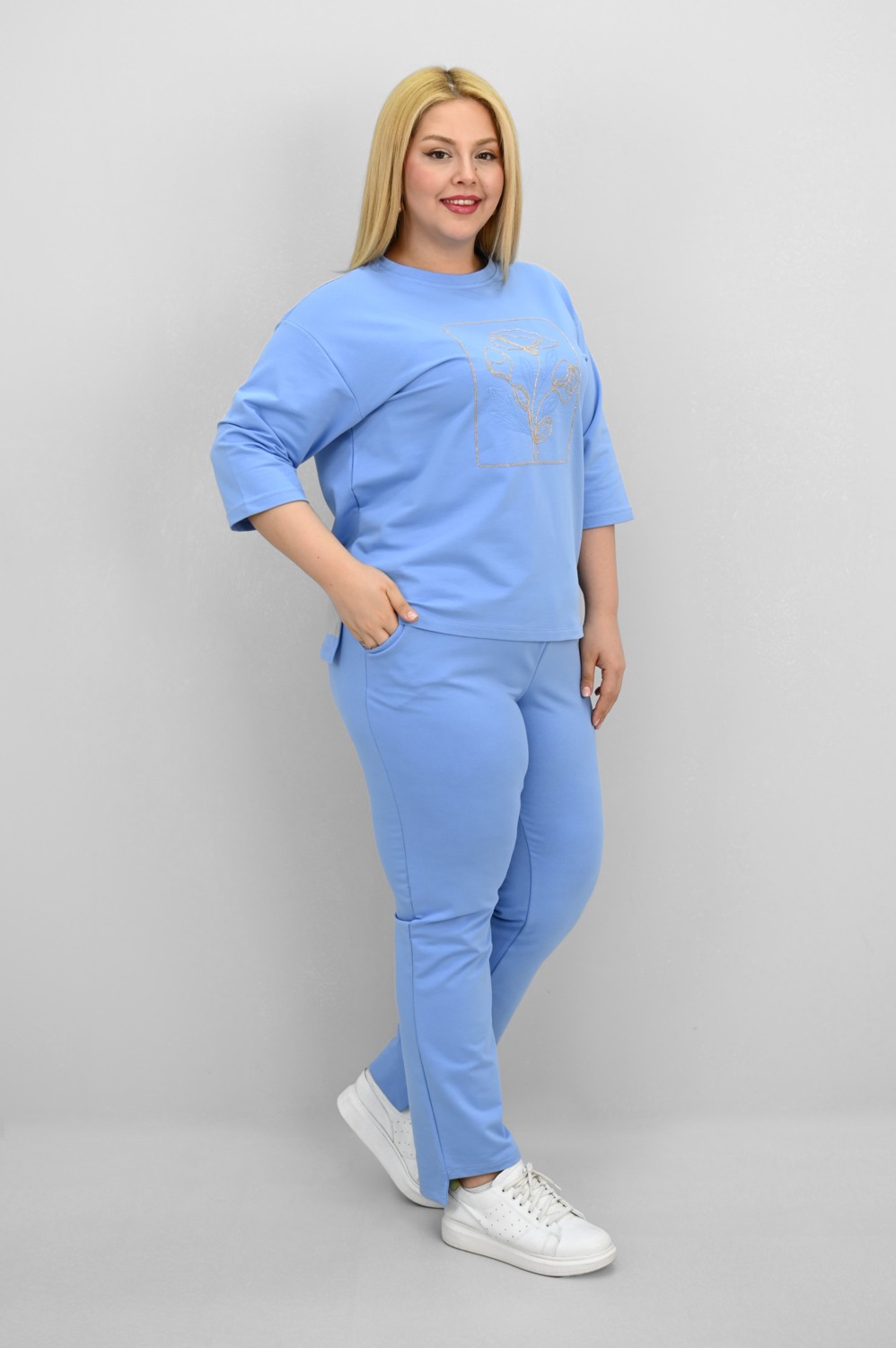 Koza Butik Kadın Büyük Beden Kısa Kollu Çiçek Işlemeli Eşofman Takımı 8199-25 görsel 4