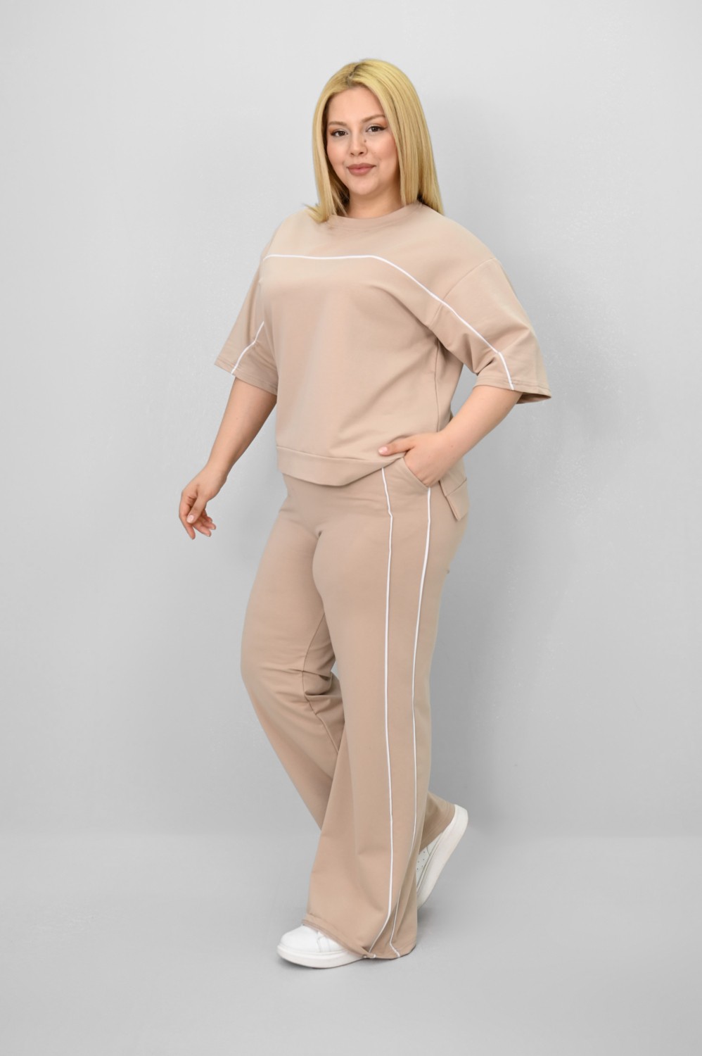 Koza Butik Kadın Büyük Beden Kısa Kollu Ara Biye Detaylı Bol Paça Eşofman Takımı 8189-25 görsel 3