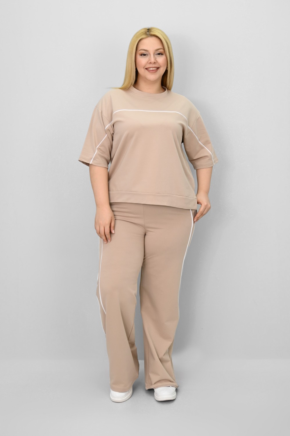 Koza Butik Kadın Büyük Beden Kısa Kollu Ara Biye Detaylı Bol Paça Eşofman Takımı 8189-25 görsel 5