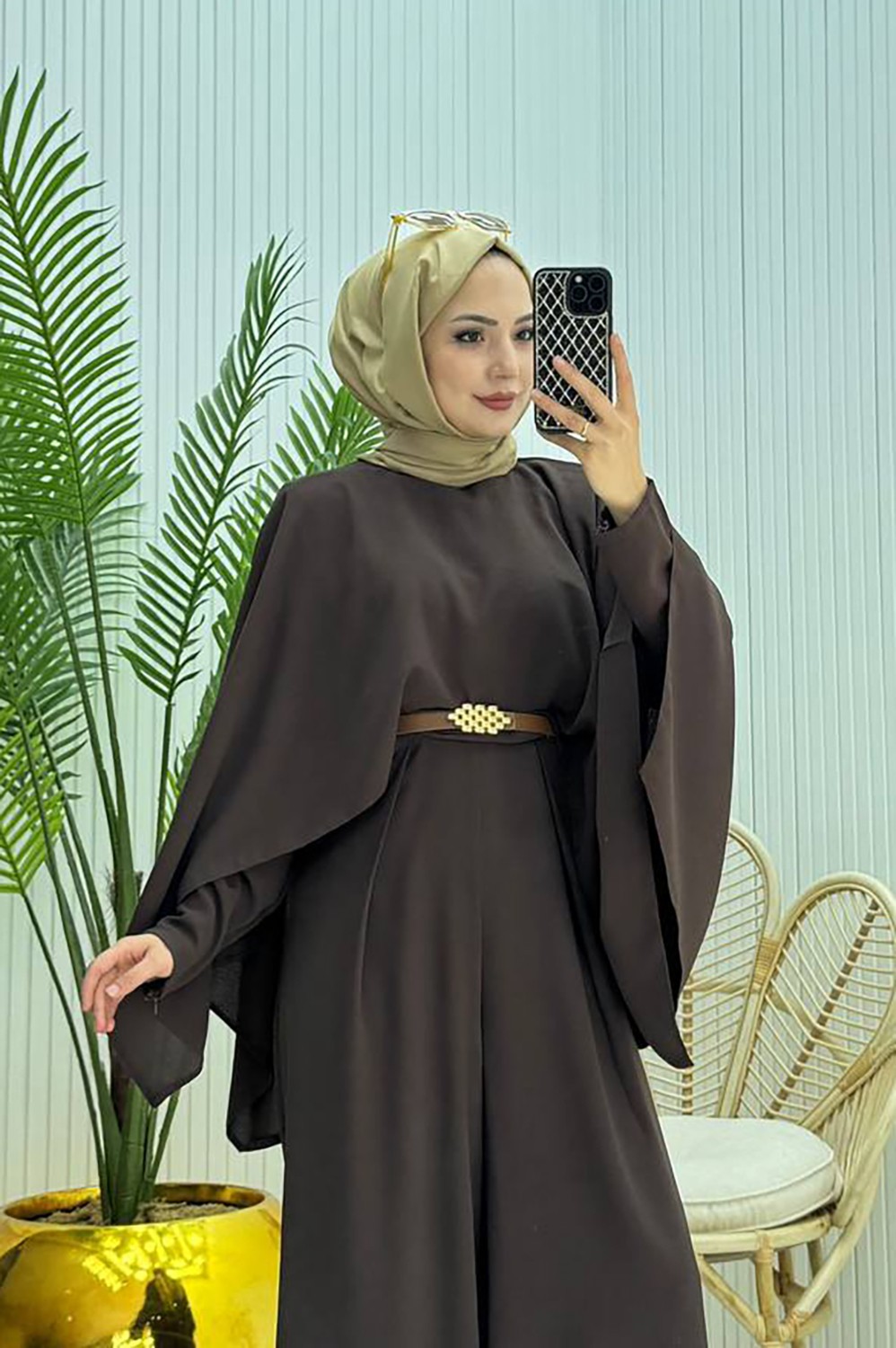 Neşeli Butik Kadın Pelerinli Kemer Detaylı Kahverengi Tesettür Tulum %100 Polyester Şık Tasarım NMS061 görsel 6