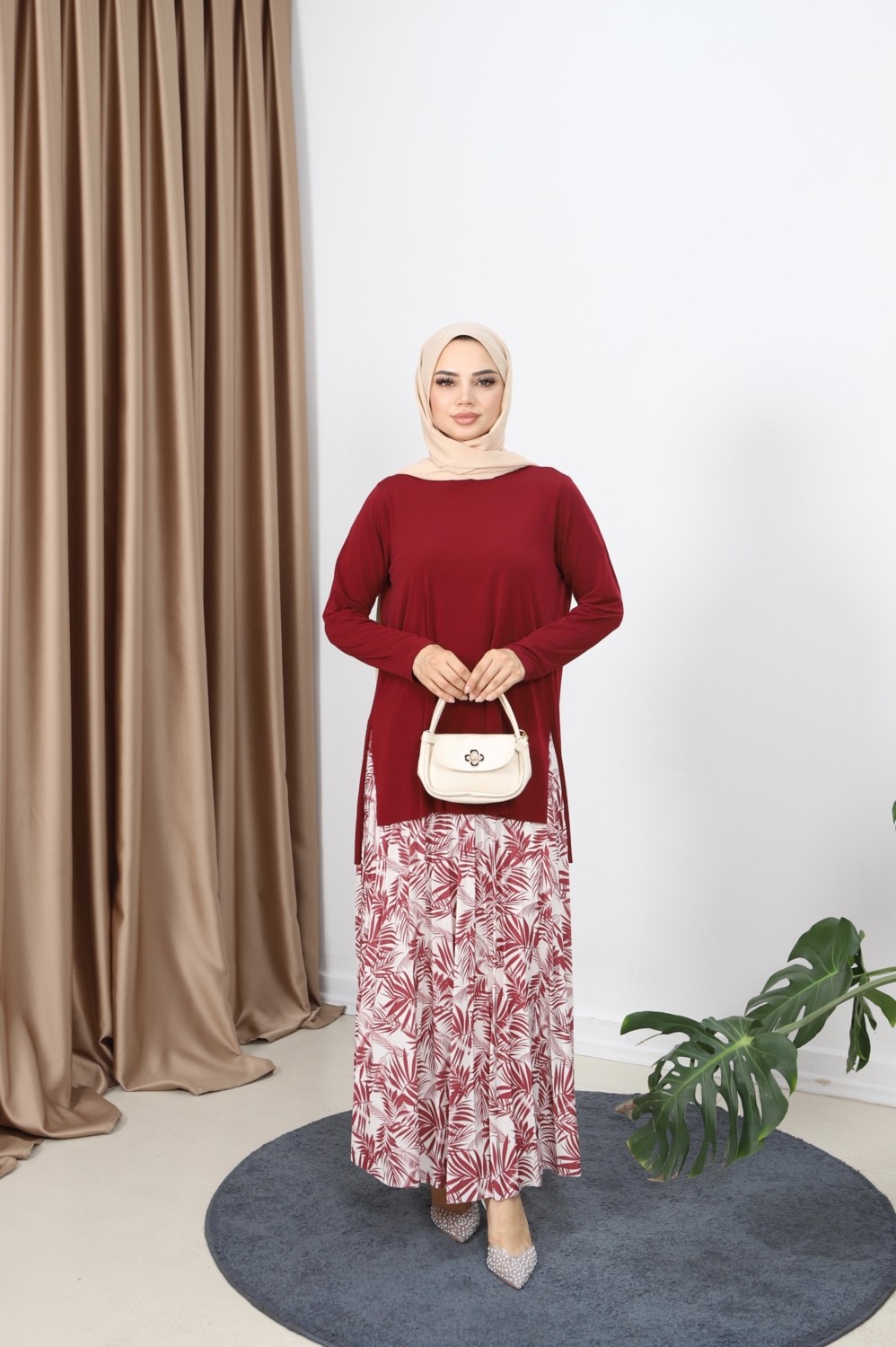 Nisum Moda Palmiye Desen Sandy Etekli Takım