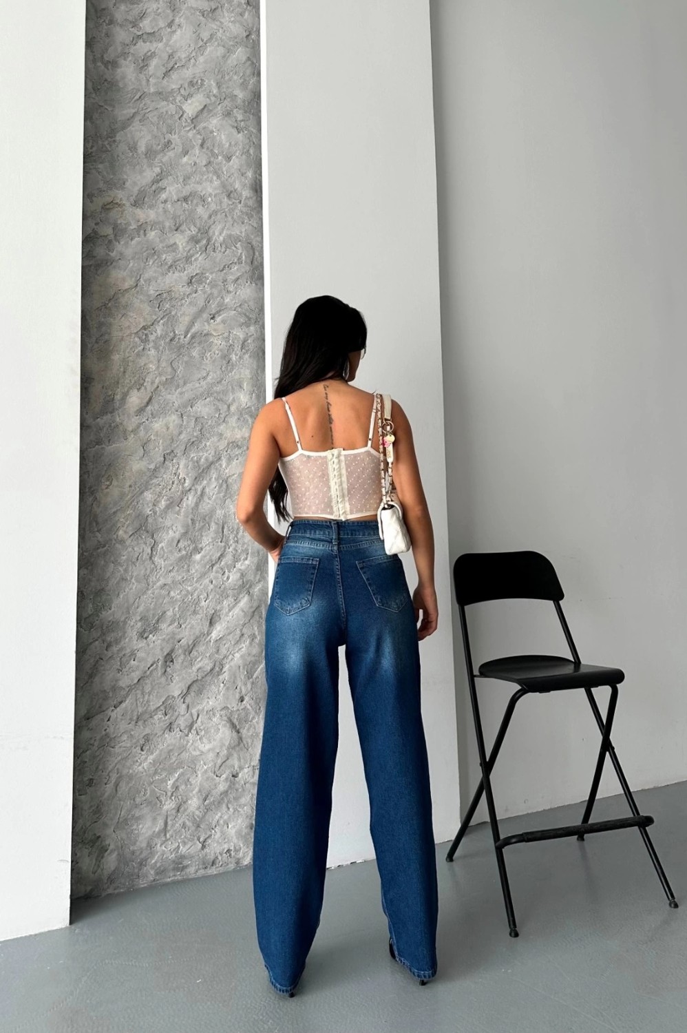 Baggy Süper Taş Bıyık Yıkama Koyu Mavi Jeans Pantolon D2007 görsel 2