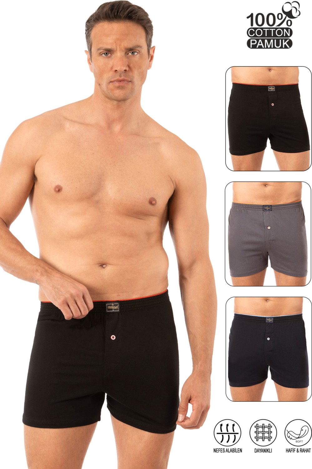 Özkan Underwear Özkan 0041 3'lü Paket Erkek Karışık Renk Şardonlu Pamuklu Düğmeli Penye Boxer