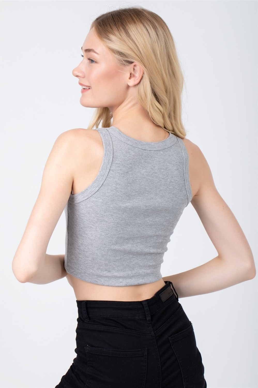 Baykar Kadın Bisiklet Yaka Sıfır Kol Kaşkorse Crop Büstiyer Gri görsel 4