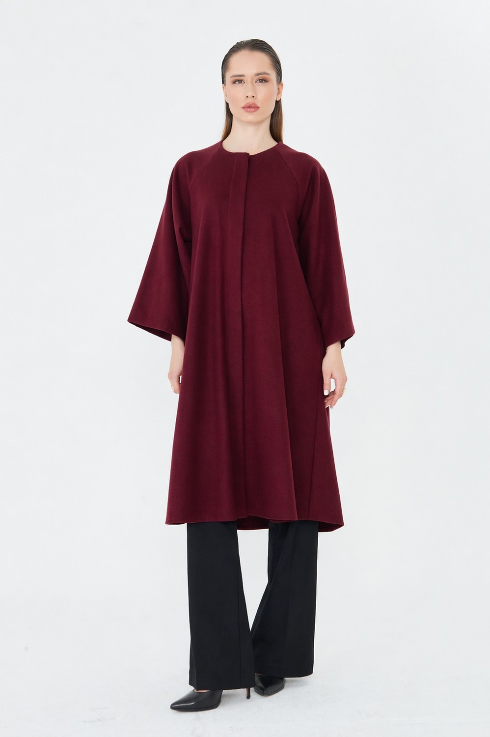 Comstar Kadın Trend Oversize Uzun Kol Şık Bordo Kaşe Panço görsel 8