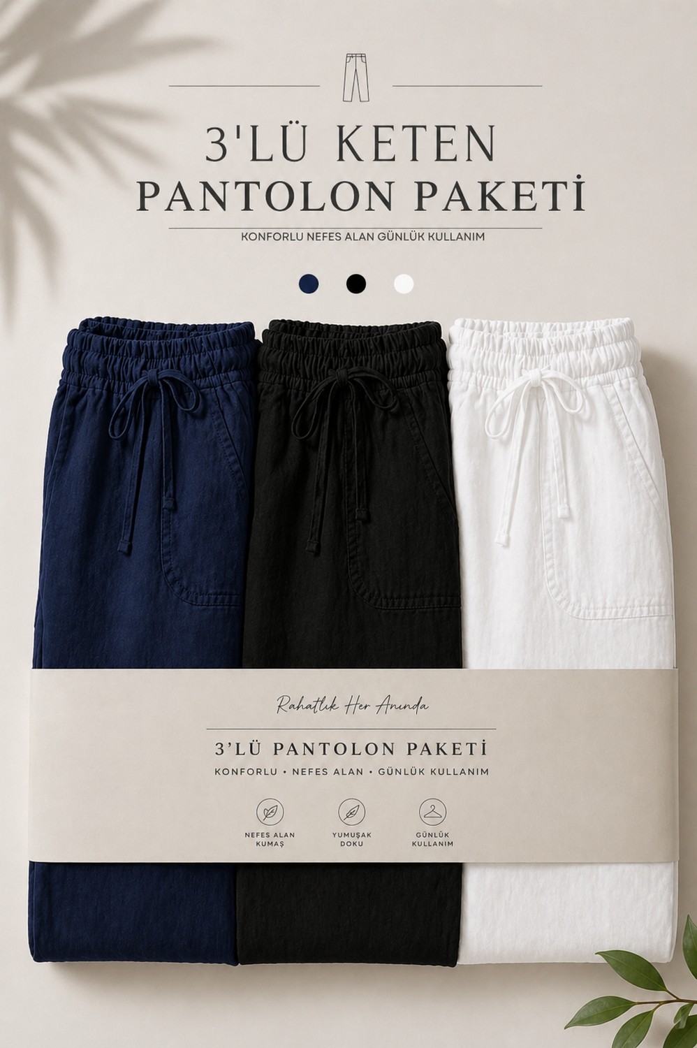 Damga 3 Adet Erkek Premium Yazlık Jogger Keten Pantolon