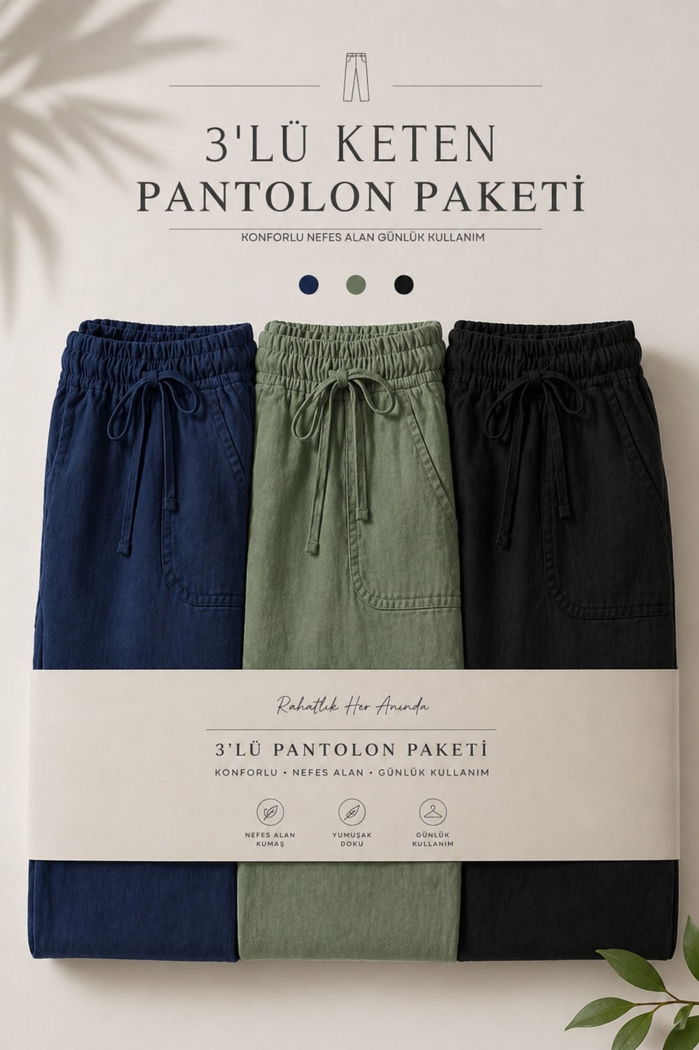 Damga 3 Adet Erkek Premium Yazlık Jogger Keten Pantolon