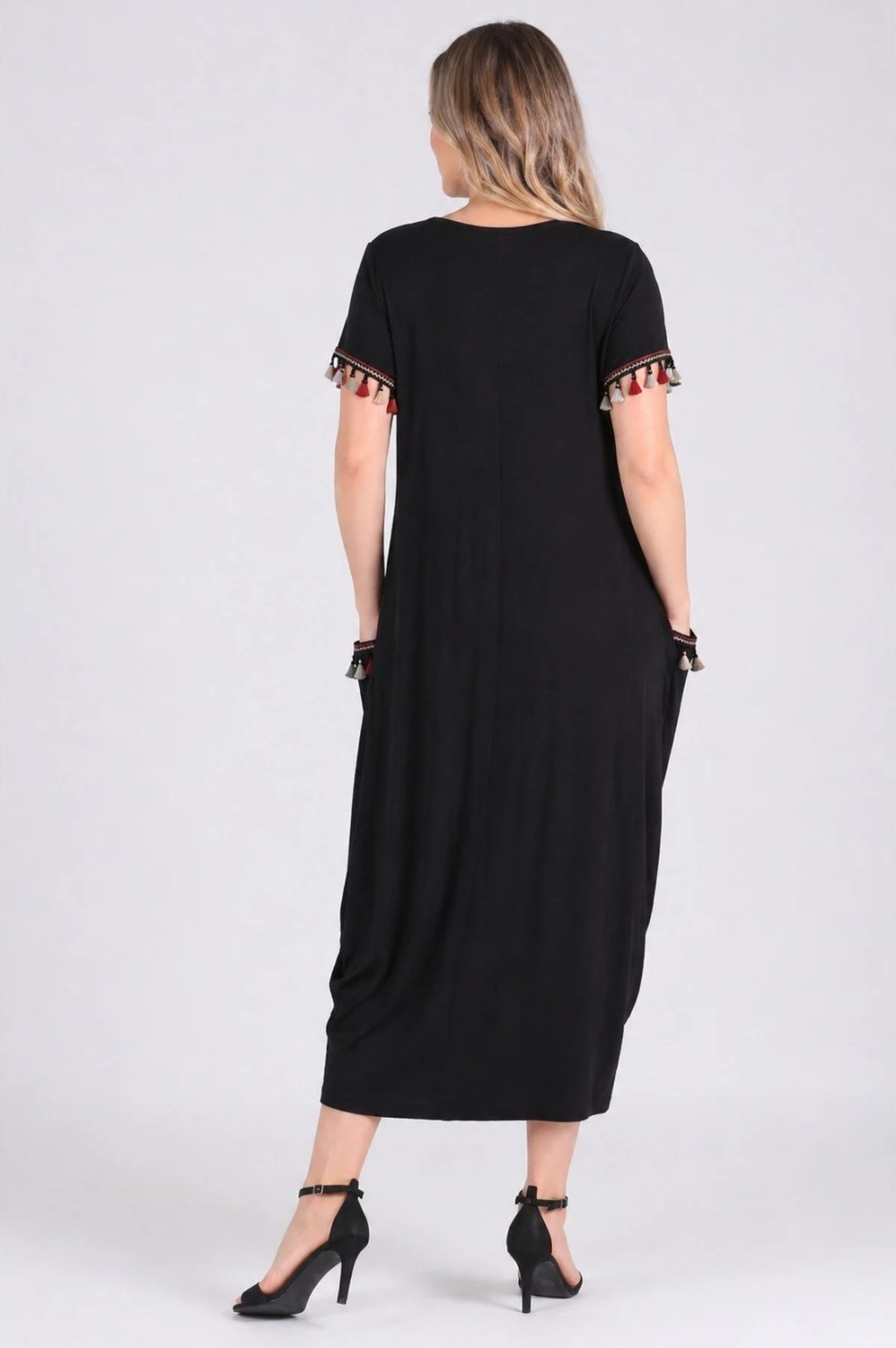 Curvy Trend Büyük Beden Kol Ucu ve Cep Püsküllü Baseni Geniş Kısa Kol Elbise görsel 3