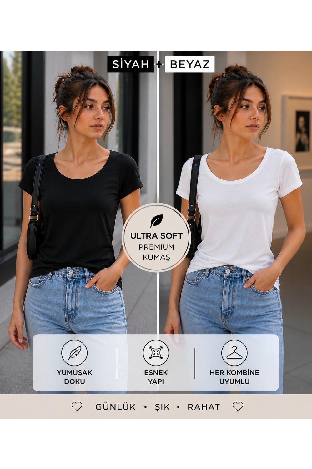 Hayalet 2'li Set Kadın Oval Yaka Basic T-Shirt, Loose Fit/Bol Kesim Premium Bluz görsel 2