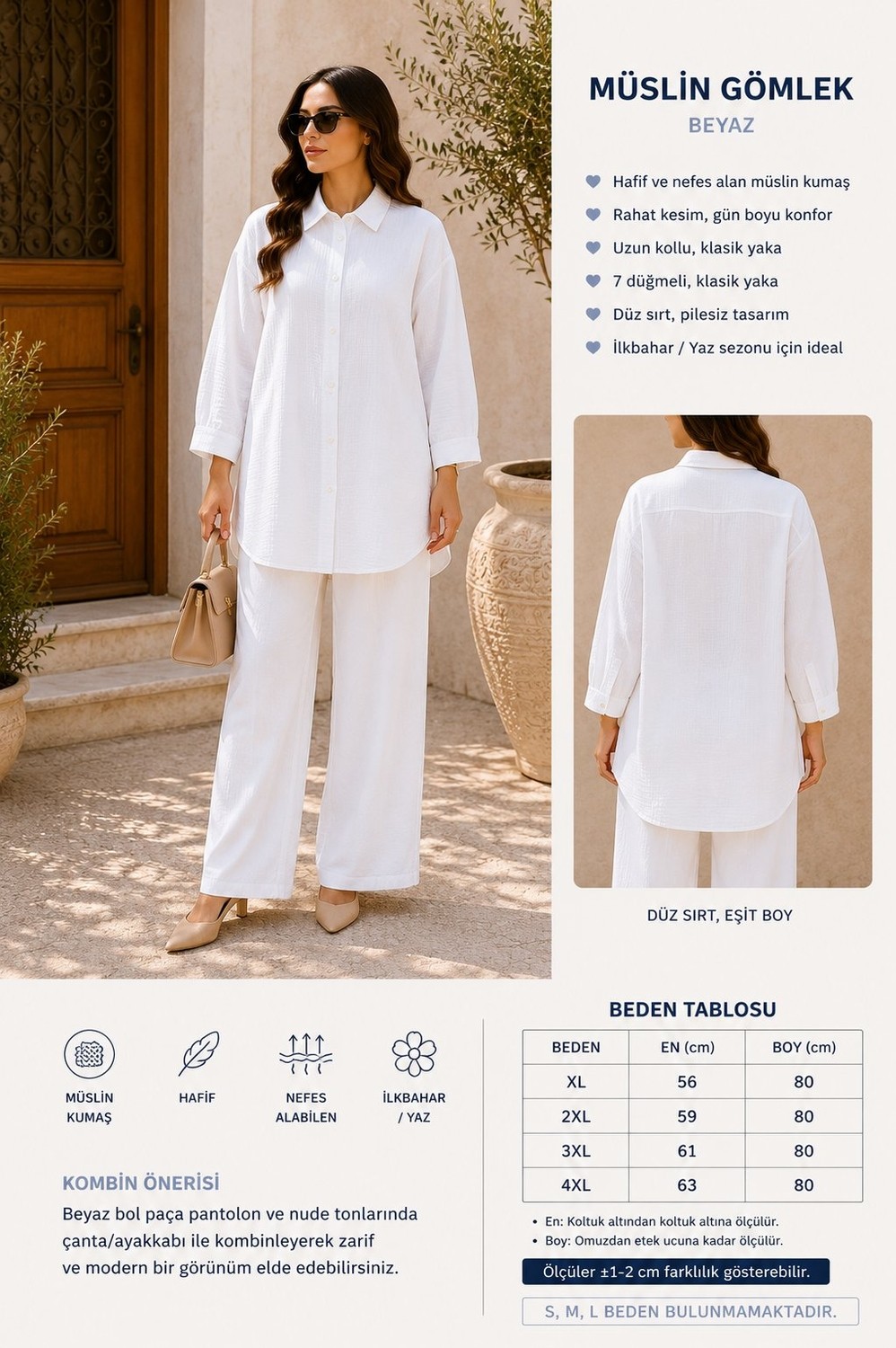 Fresh Moda Kadın Büyük Beden Müslin Rahat Kalıp Gömlek görsel 3