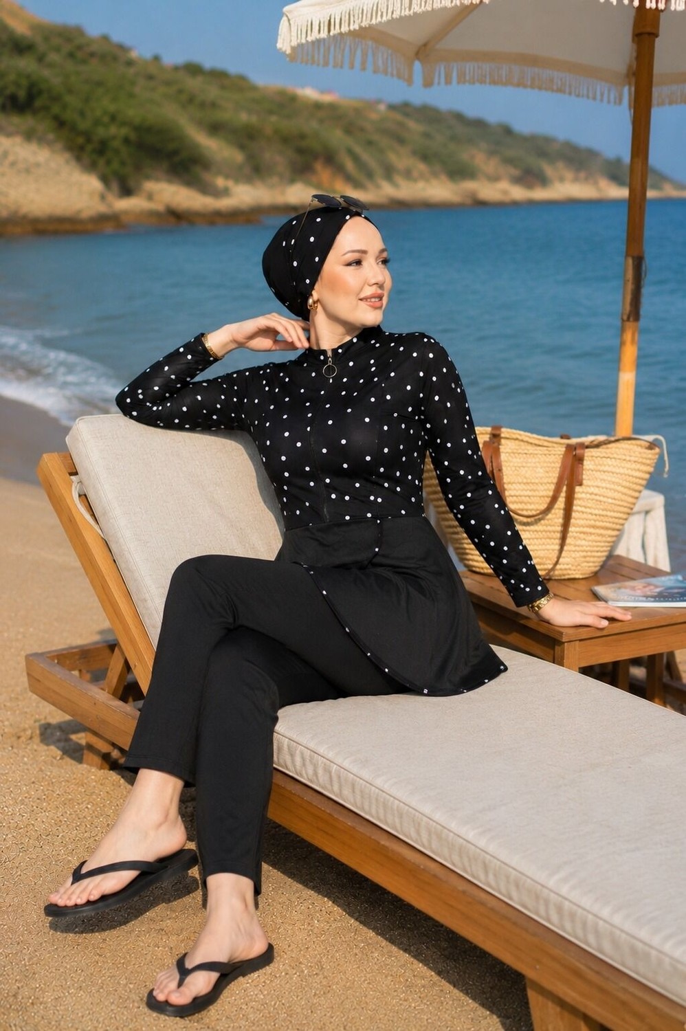 Md Önden Yarım Fermuarlı Eteği Allerli Tesettür Mayo Siyah görsel 3