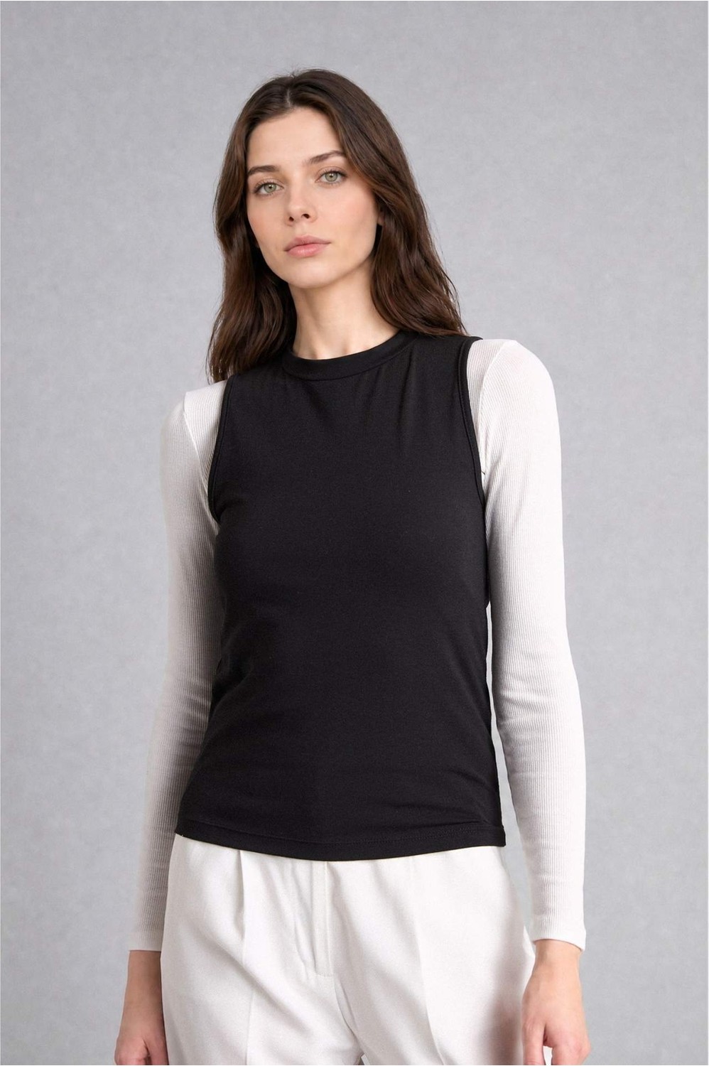 DeFacto Slim Fit Yarım Balıkçı Yaka Penye Açık Kahverengi Atlet H8040AX26SM görsel 2