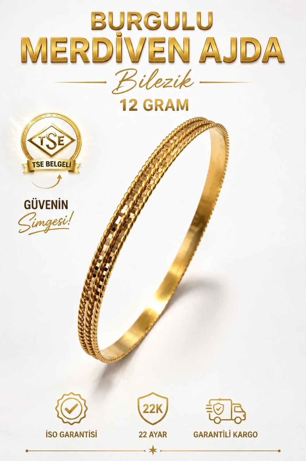 22 Ayar Tse Belgeli 12 Gram Burgulu Merdiven Ajda Altın Bilezik Gold Bilezik Düğün Nişan