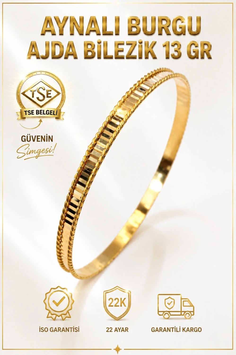 22 Ayar Tse Belgeli (13 Gram) Aynalı Burgu Ajda Bilezik Gold Altın Bilezik Düğün Nişan