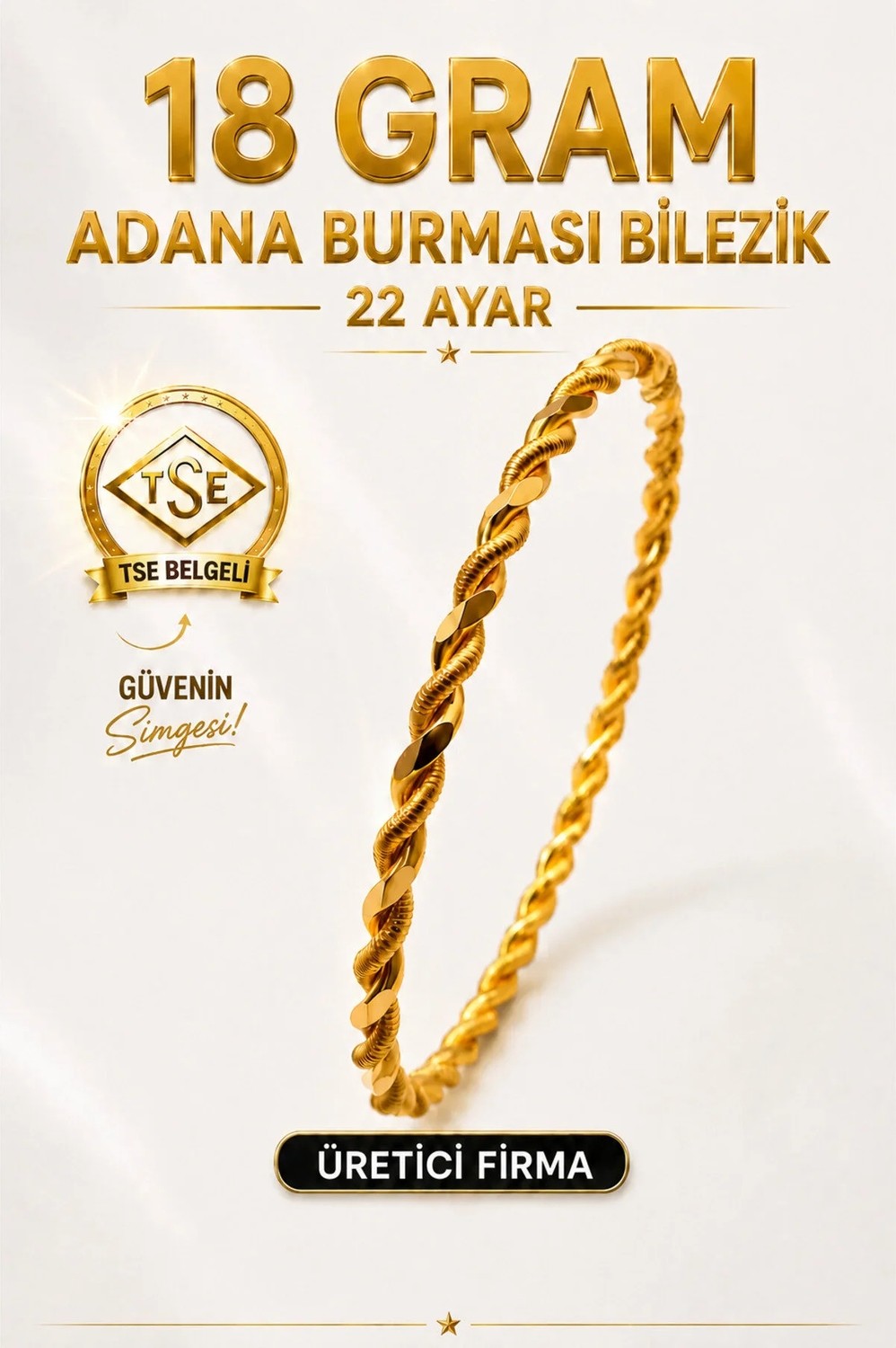 Aks Gold 22 Ayar Tse Belgeli 18 Gram Adana Burması Bilezik Altın Gold Bilezik Düğün Nişan