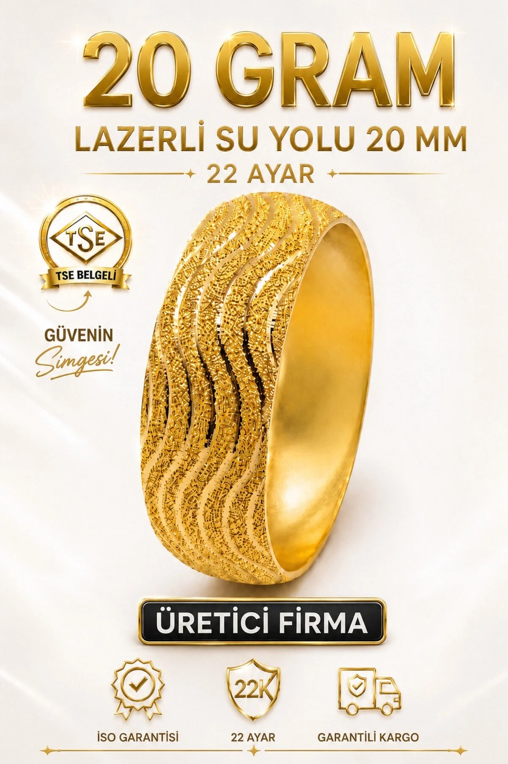 Aks Gold 22 Ayar Tse Belgeli (20 Gram) Lazerli Su Yolu Mega Altın Bilezik 20 mm Ajda Gold Düğün Nişan