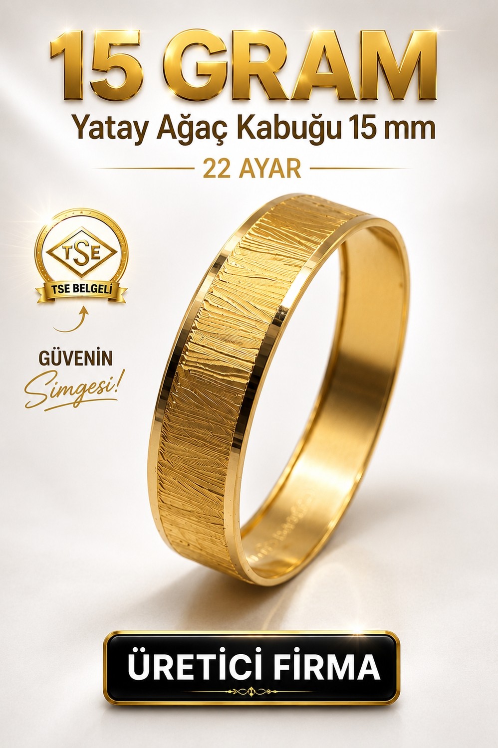Aks Gold 22 Ayar Tse Belgeli (15 Gram) Yatay Ağaç Kabuğu 15 mm Ajda Altın Bilezik Gold Düğün Nişan