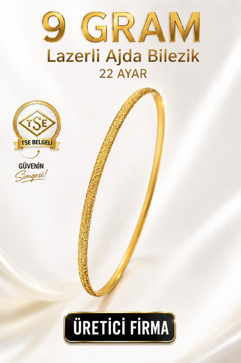 Aks Gold 22 Ayar Tse Belgeli (9 Gram) Lazerli Ajda Altın Bilezik Gold Düğün Nişan