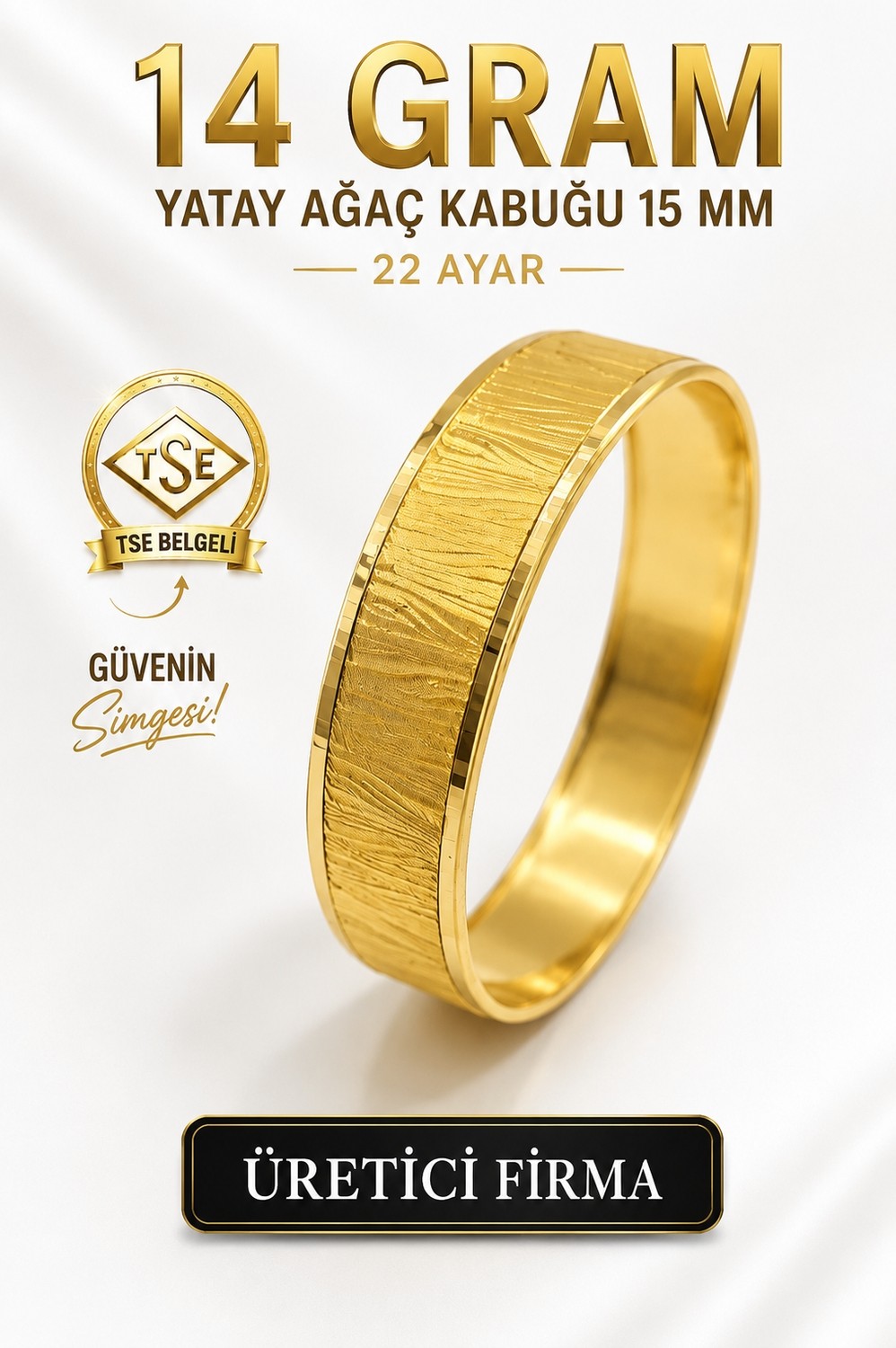 Aks Gold 22 Ayar Tse Belgeli (14 Gram) Yatay Ağaç Kabuğu 15 mm Ajda Altın Bilezik Gold Düğün Nişan