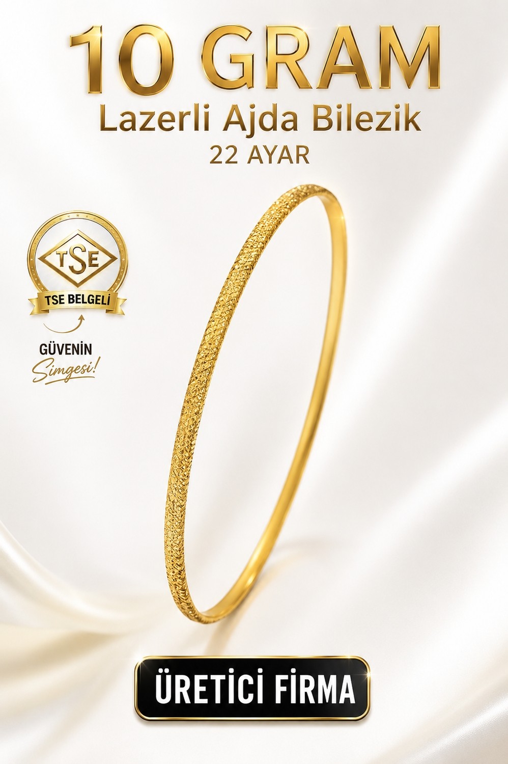 Aks Gold 22 Ayar Tse Belgeli (10 Gram) Lazerli Ajda Altın Bilezik Gold Düğün Nişan