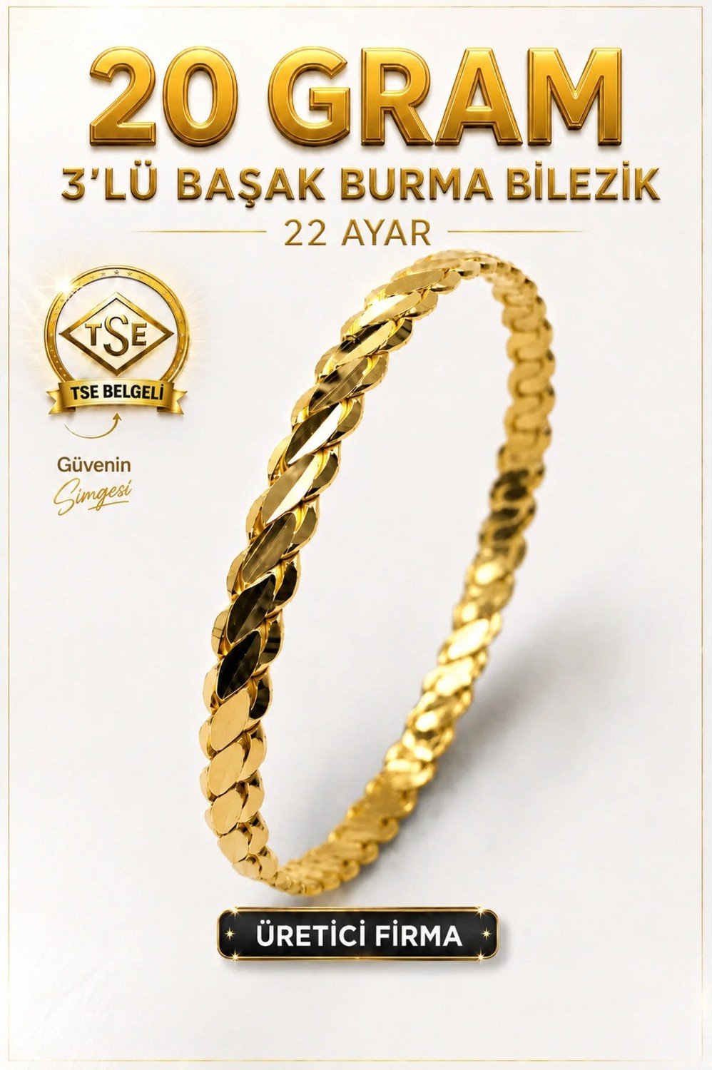 Aks Gold 22 Ayar Tse Belgeli (20 Gram) 3'lü Başak Burma Bilezik Altın Gold Bilezik Düğün Nişan