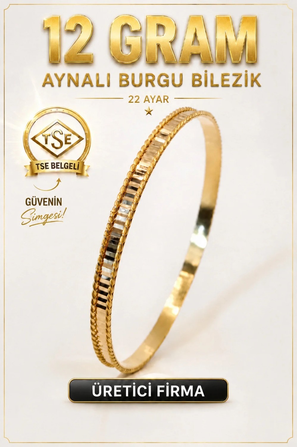 Aks Gold 22 Ayar Tse Belgeli (12 Gram) Aynalı Burgu Ajda Bilezik Gold Altın Bilezik Düğün Nişan