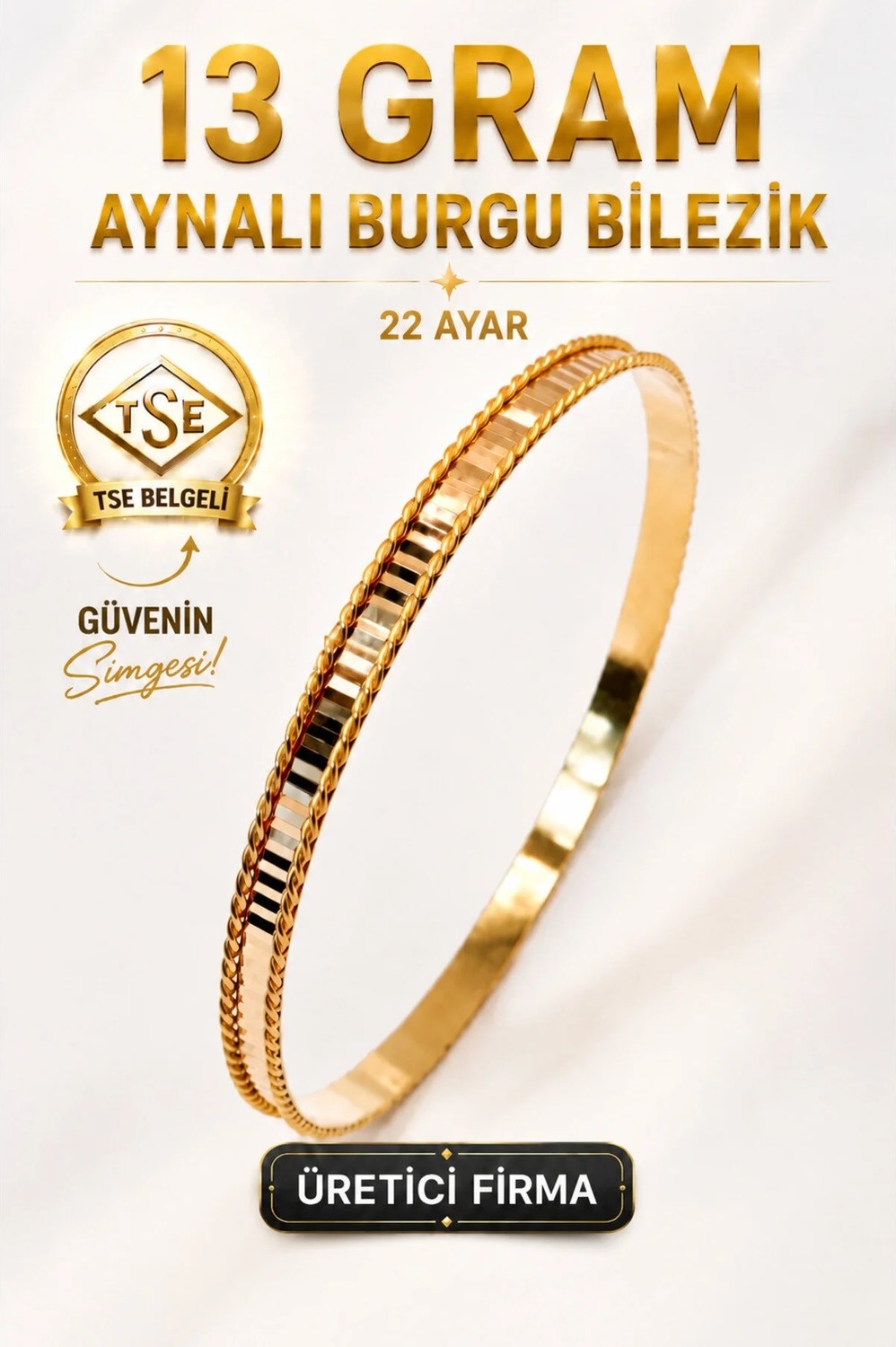 Aks Gold 22 Ayar Tse Belgeli (13 Gram) Aynalı Burgu Ajda Bilezik Gold Altın Bilezik Düğün Nişan