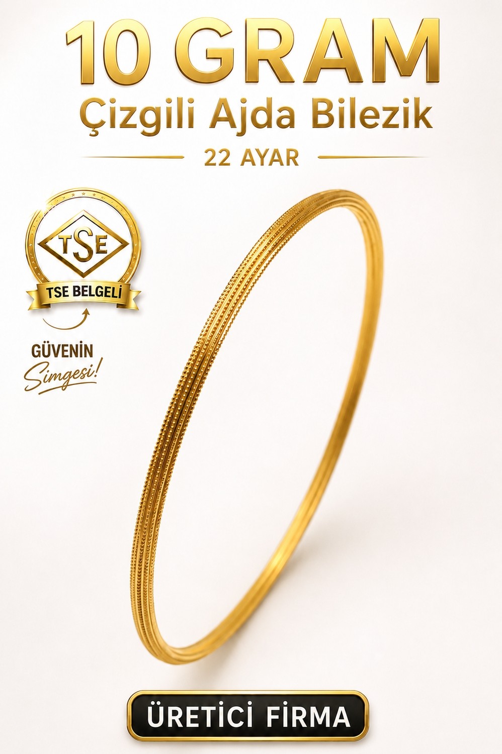 Aks Gold 22 Ayar TSE Belgeli (10 GRAM) Çizgili Ajda Altın Bilezik Gold Düğün