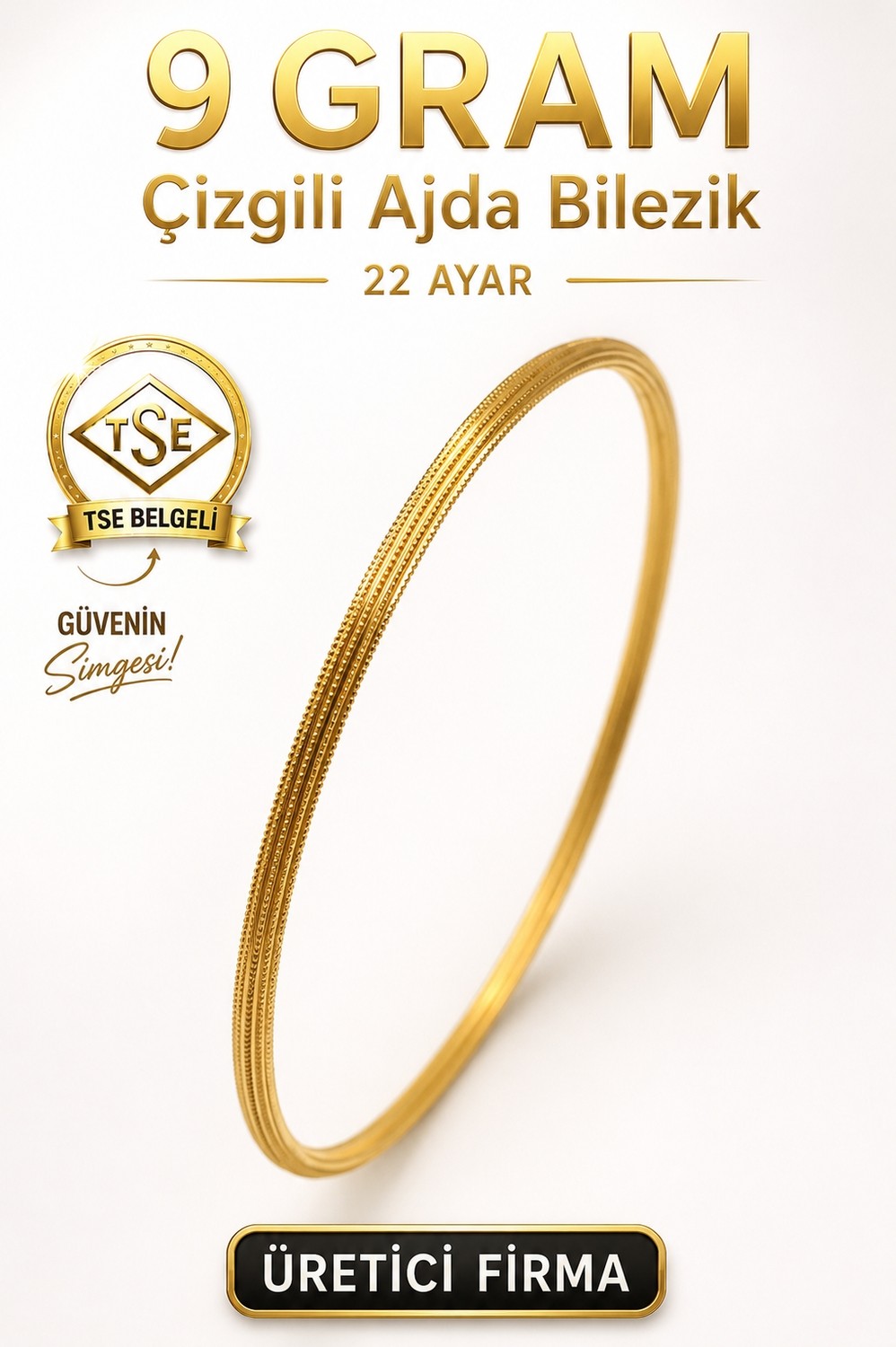 Aks Gold 22 Ayar TSE Belgeli (9 GRAM) Çizgili Ajda Altın Bilezik Gold Düğün