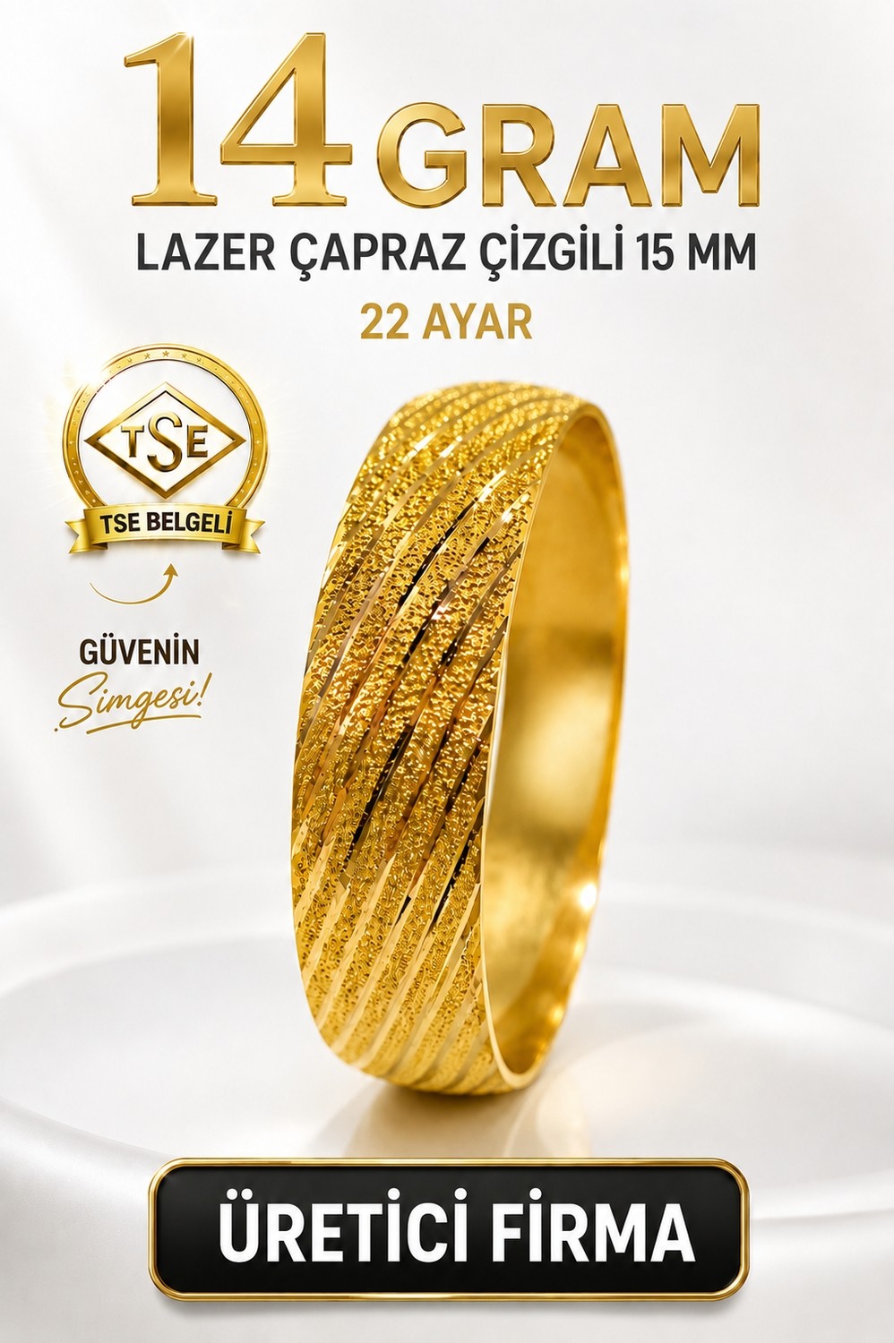 Aks Gold 22 Ayar Tse Belgeli (14 Gram) Lazer Çapraz Çizgili 15 mm Ajda Altın Bilezik Gold Düğün