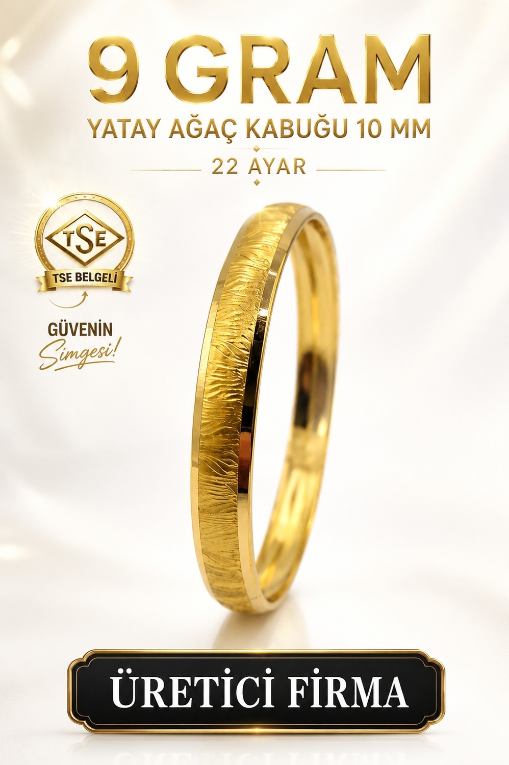 Aks Gold 22 Ayar TSE Belgeli (9 GRAM) Yatay Yan Ağaç Kabuğu 10 mm Ajda Altın Bilezik Gold Düğün
