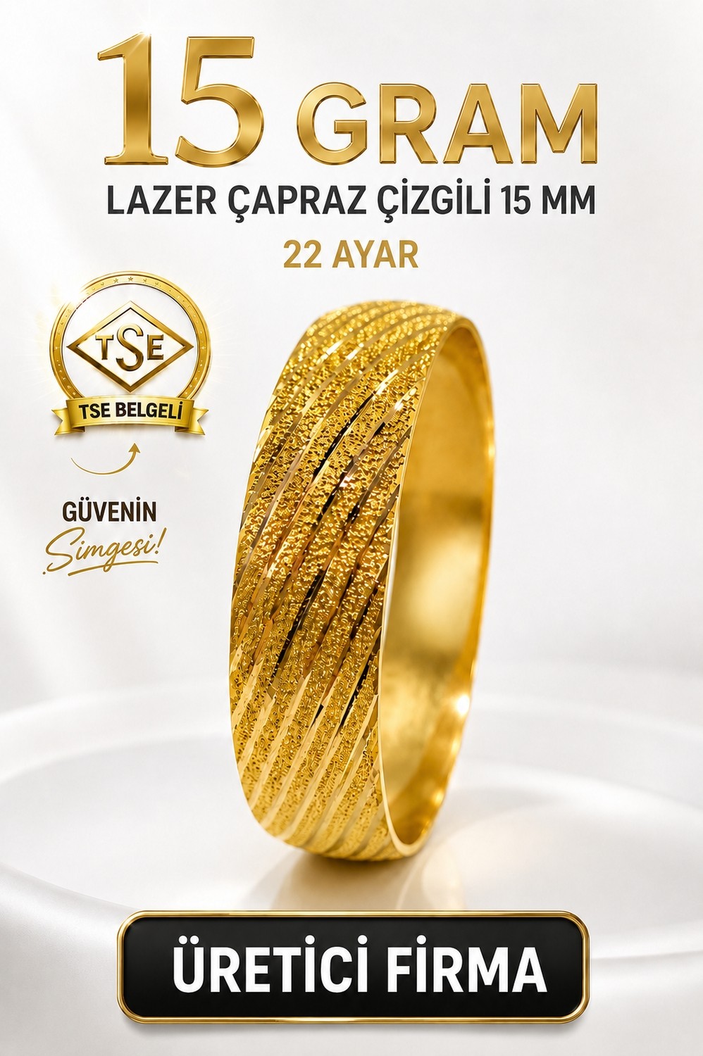Aks Gold 22 Ayar Tse Belgeli (15 Gram) Lazer Çapraz Çizgili 15 mm Ajda Altın Bilezik Gold Düğün