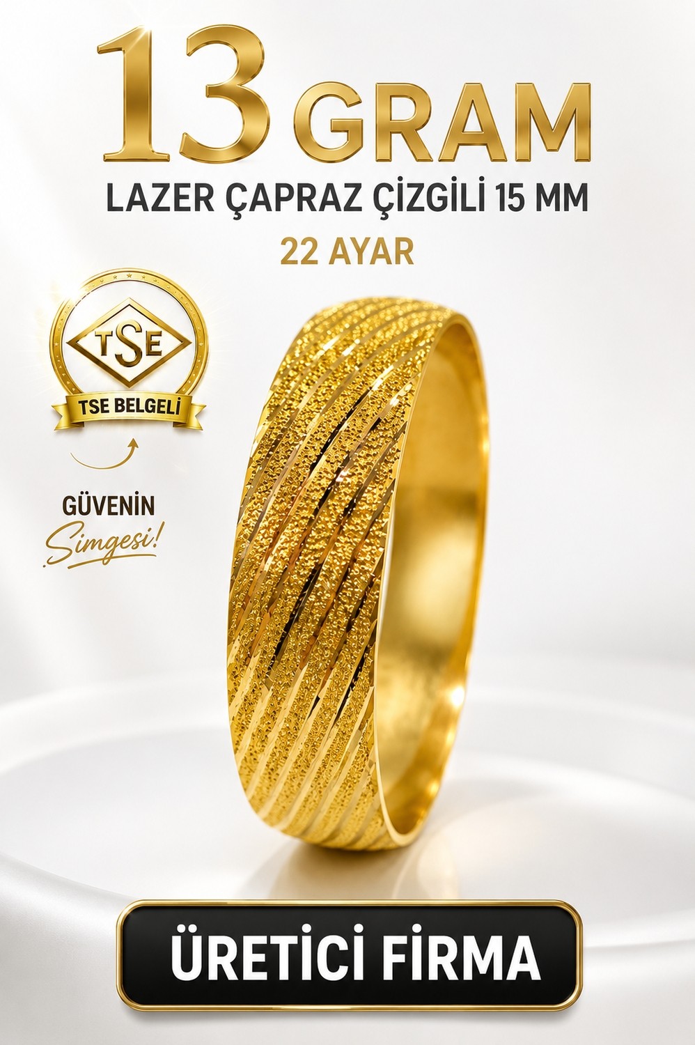 Aks Gold 22 Ayar Tse Belgeli (13 Gram) Lazer Çapraz Çizgili 15 mm Ajda Altın Bilezik Gold Düğün