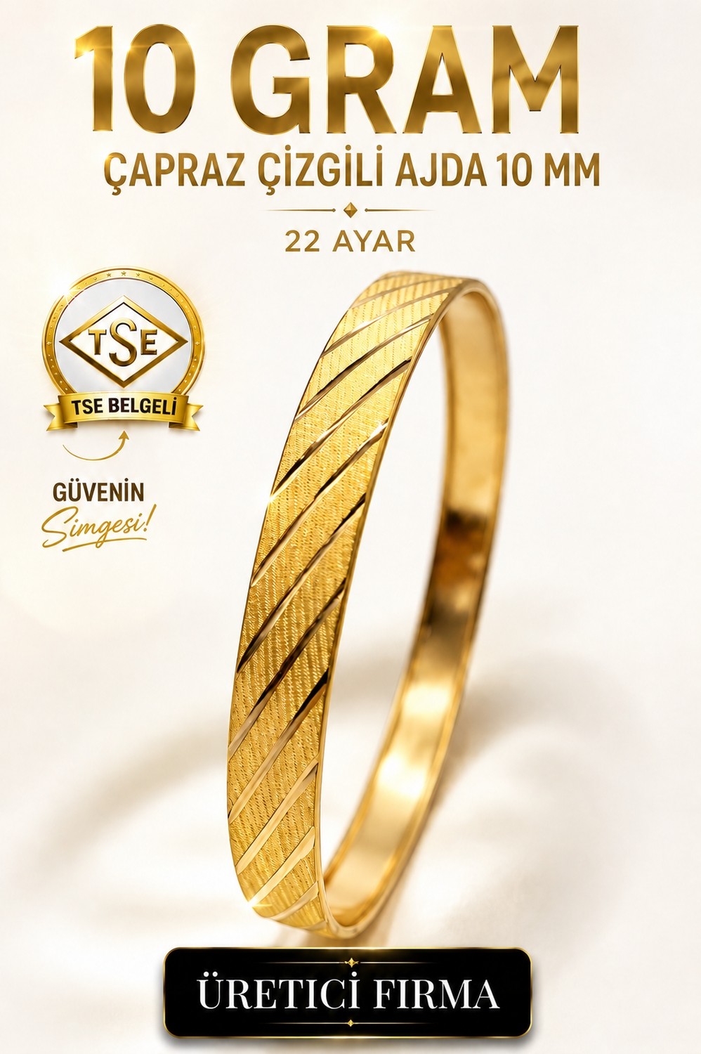 Aks Gold 22 Ayar Tse Belgeli (10 Gram) Çapraz Çizgili Ajda 10 mm Ajda Altın Bilezik Gold Düğün
