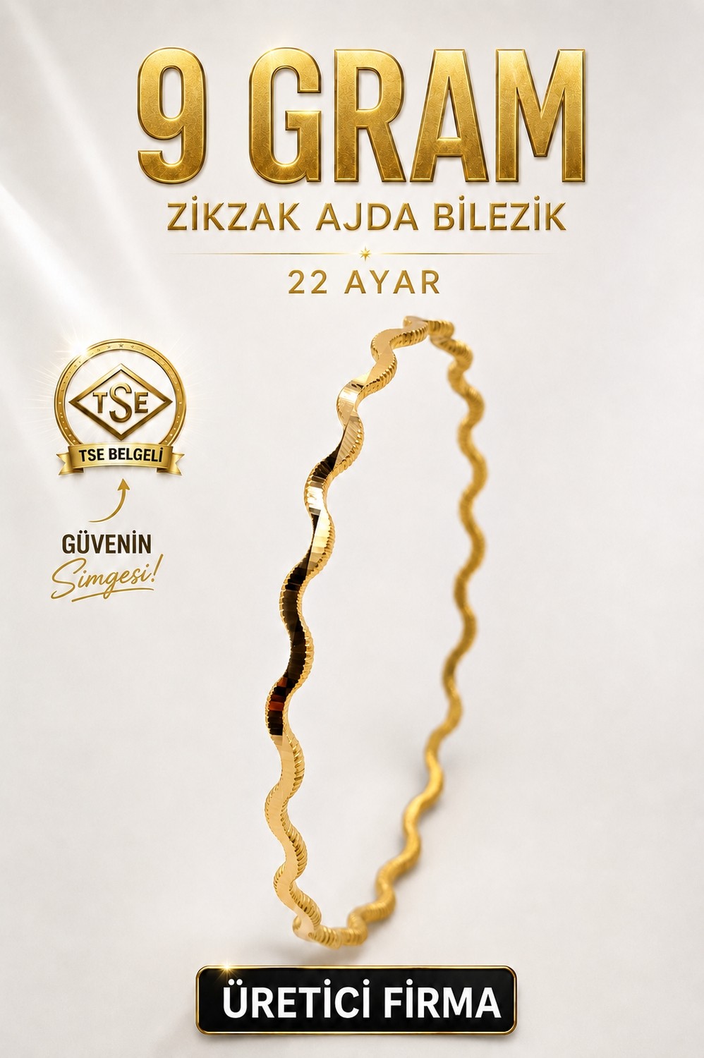 Aks Gold 22 Ayar Tse Belgeli (9 Gram) Zikzak Ajda Altın Işçiliksiz Bilezik Gold Nişan Düğün