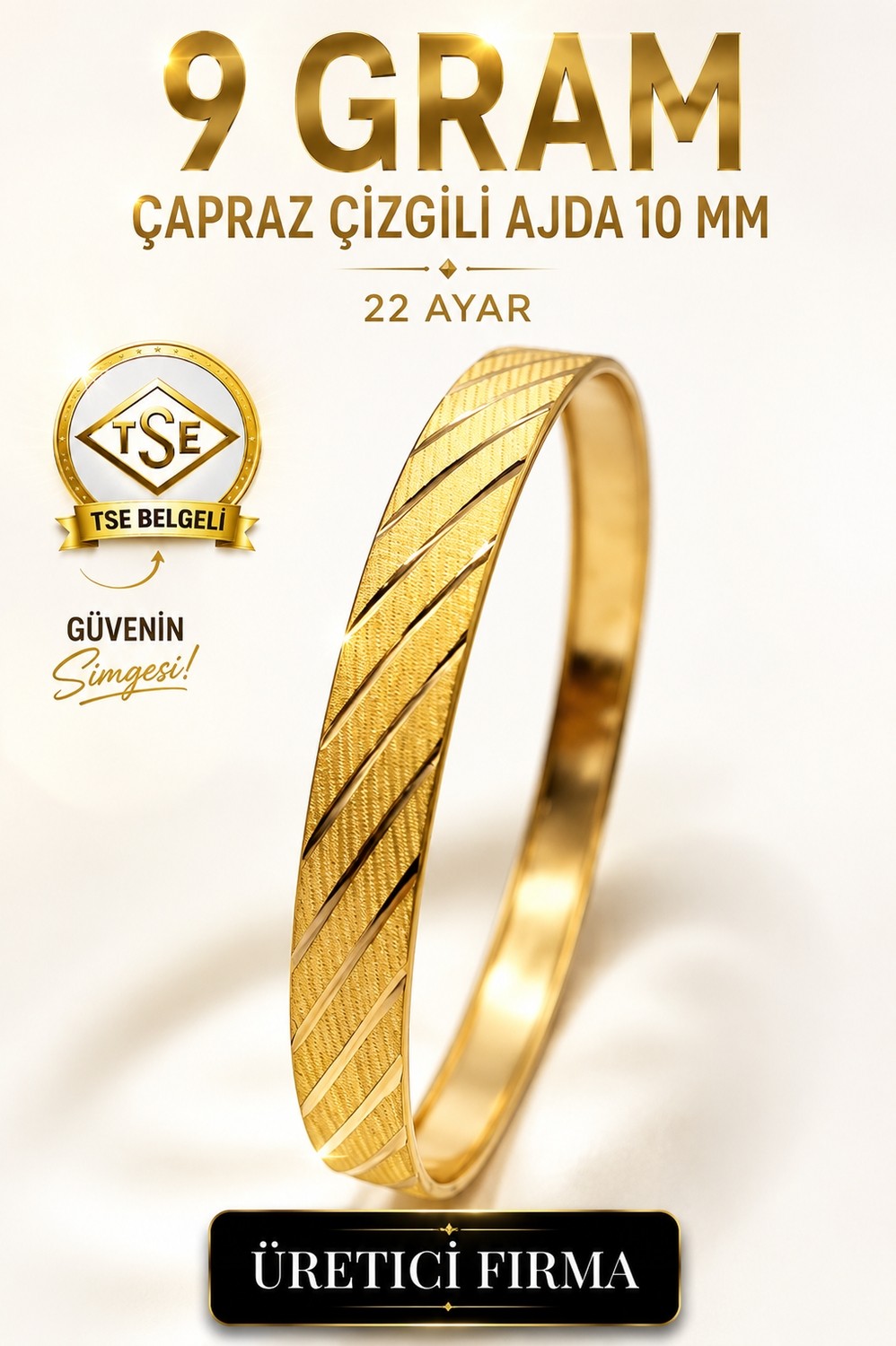 Aks Gold 22 Ayar Tse Belgeli (9 Gram) Çapraz Çizgili Ajda 10 mm Ajda Altın Bilezik Gold Düğün