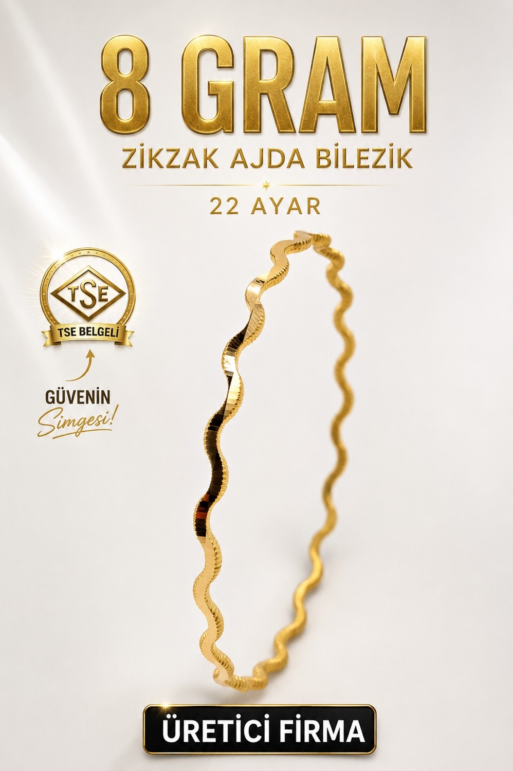 Aks Gold 22 Ayar Tse Belgeli (8 Gram) Zikzak Ajda Altın Işçiliksiz Bilezik Gold Nişan Düğün