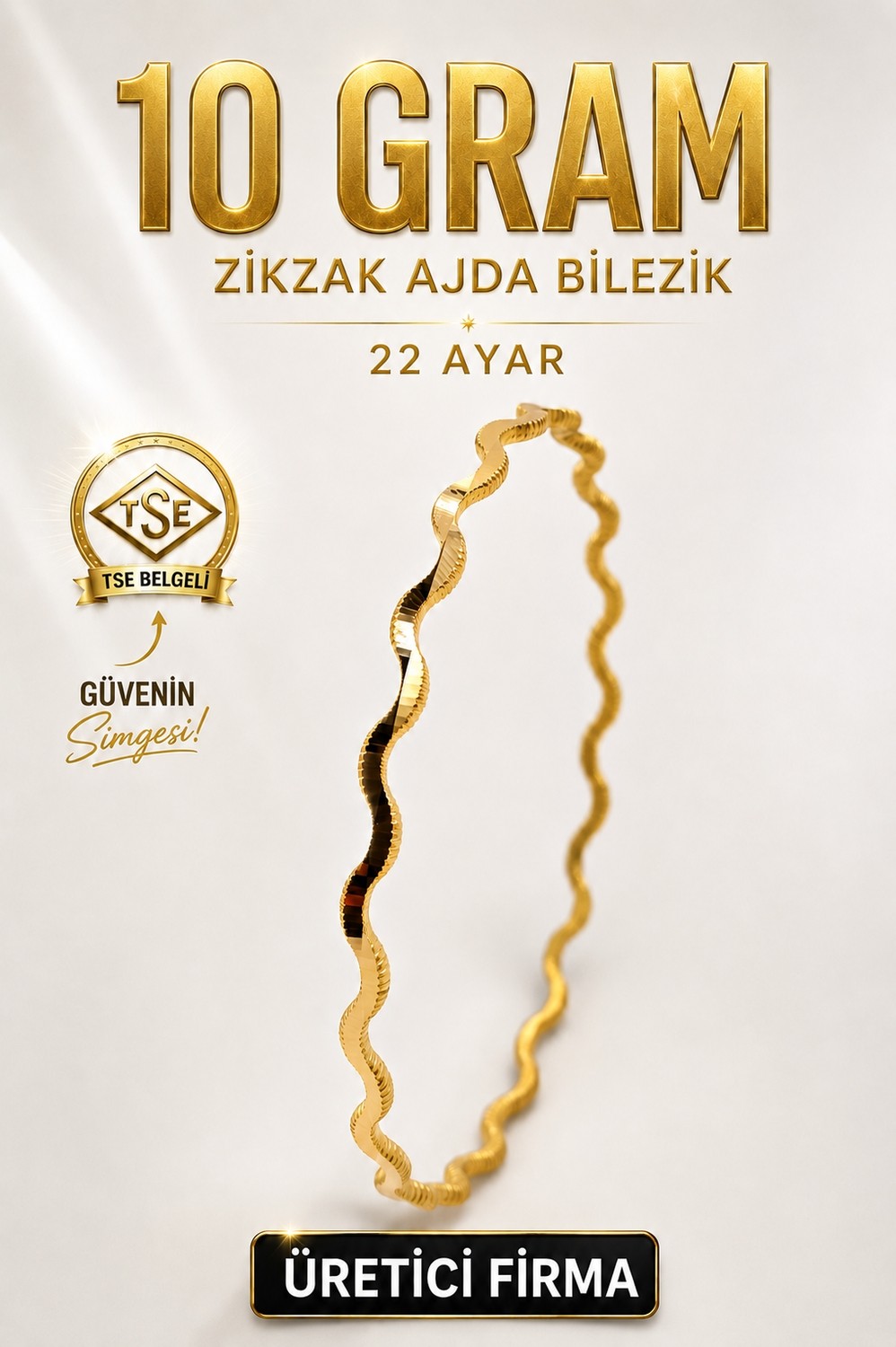 Aks Gold 22 Ayar TSE Belgeli (10 GRAM) Zikzak Ajda Altın İşçiliksiz Bilezik Gold Nişan Düğün