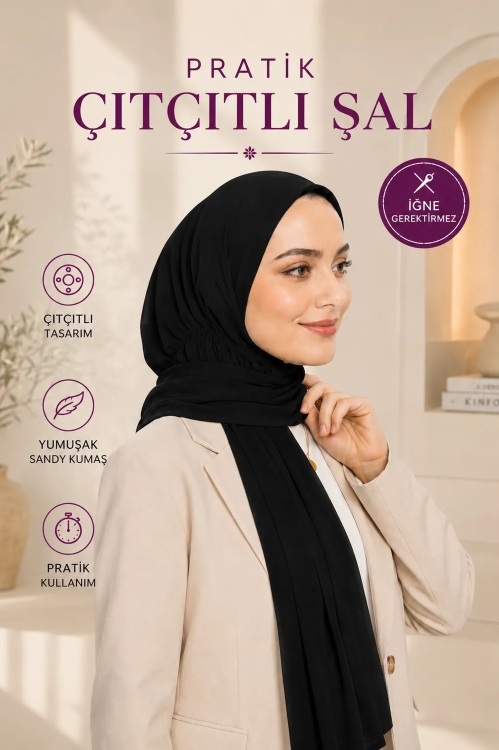 Loggia Hazır Pratik Penye Çıtçıtlı Şal - Geçmeli Geçme Tesettür Kadın Shawl Siyah