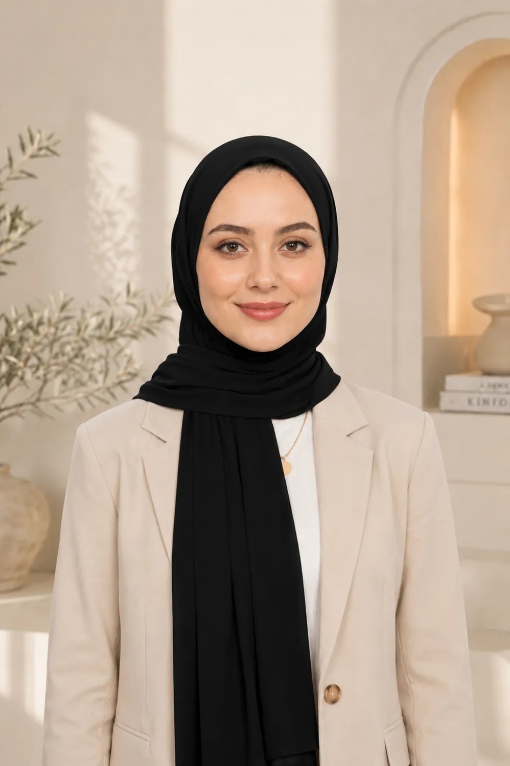 Loggia Hazır Pratik Penye Çıtçıtlı Şal - Geçmeli Geçme Tesettür Kadın Shawl Siyah görsel 2