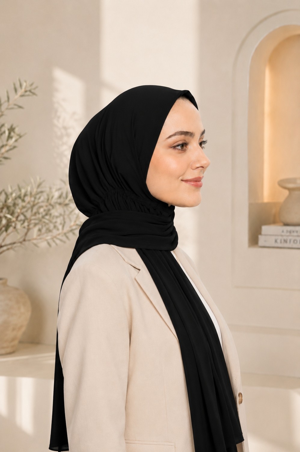 Loggia Hazır Pratik Penye Çıtçıtlı Şal - Geçmeli Geçme Tesettür Kadın Shawl Siyah görsel 3