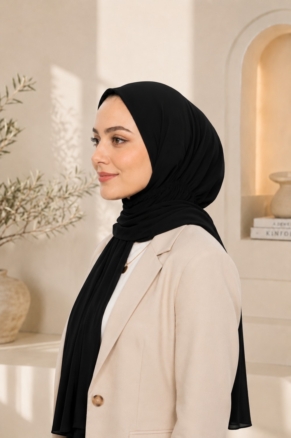 Loggia Hazır Pratik Penye Çıtçıtlı Şal - Geçmeli Geçme Tesettür Kadın Shawl Siyah görsel 4