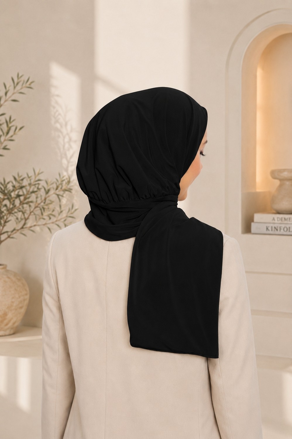 Loggia Hazır Pratik Penye Çıtçıtlı Şal - Geçmeli Geçme Tesettür Kadın Shawl Siyah görsel 5