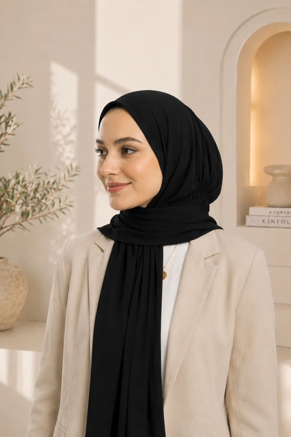 Loggia Hazır Pratik Penye Çıtçıtlı Şal - Geçmeli Geçme Tesettür Kadın Shawl Siyah görsel 6