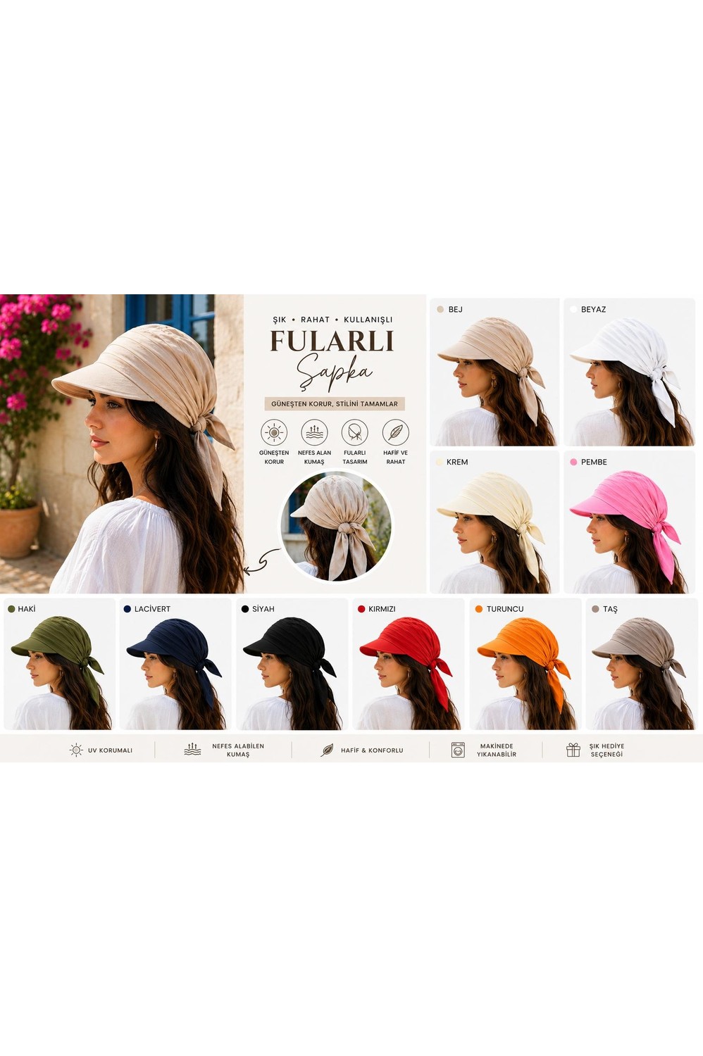 Wearflawless Kadın Safari Bağlamalı Siperli Bandana Şapka, Yazlık Güneşlik Şapka Plaj Deniz Vizör Şapka görsel 6