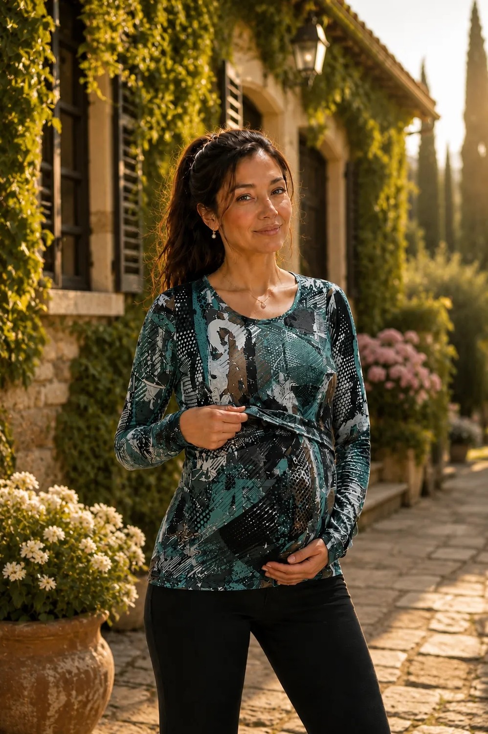 Perla Blanca Yeşil Siyah Tonlar Uzun Kol Hamile Emzirme Bluz %95 Viskose Esnek Kumaş