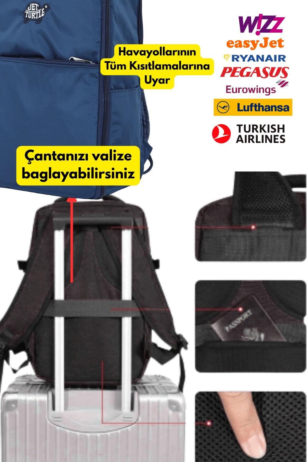 Jet Turtle Seyahat Sırt Çantası 40CM 40X25X15 cm Pegasus, Wizz Air, Ryanair, El Valizi Koltuk Altı Valizi görsel 4