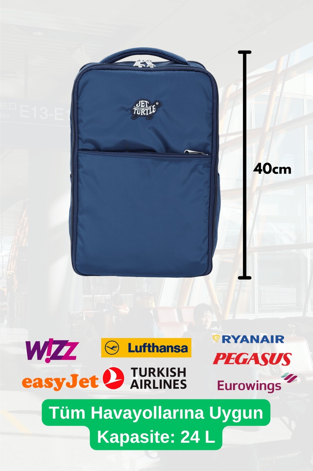 Jet Turtle Seyahat Sırt Çantası 40CM 40X25X15 cm Pegasus, Wizz Air, Ryanair, El Valizi Koltuk Altı Valizi görsel 5