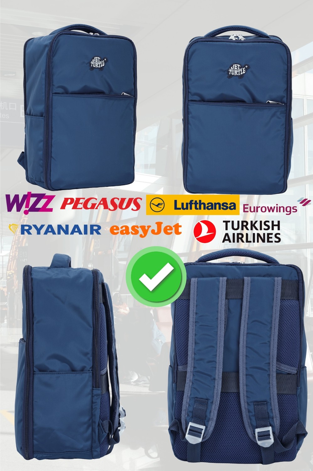 Jet Turtle Seyahat Sırt Çantası 40CM 40X25X15 cm Pegasus, Wizz Air, Ryanair, El Valizi Koltuk Altı Valizi görsel 6
