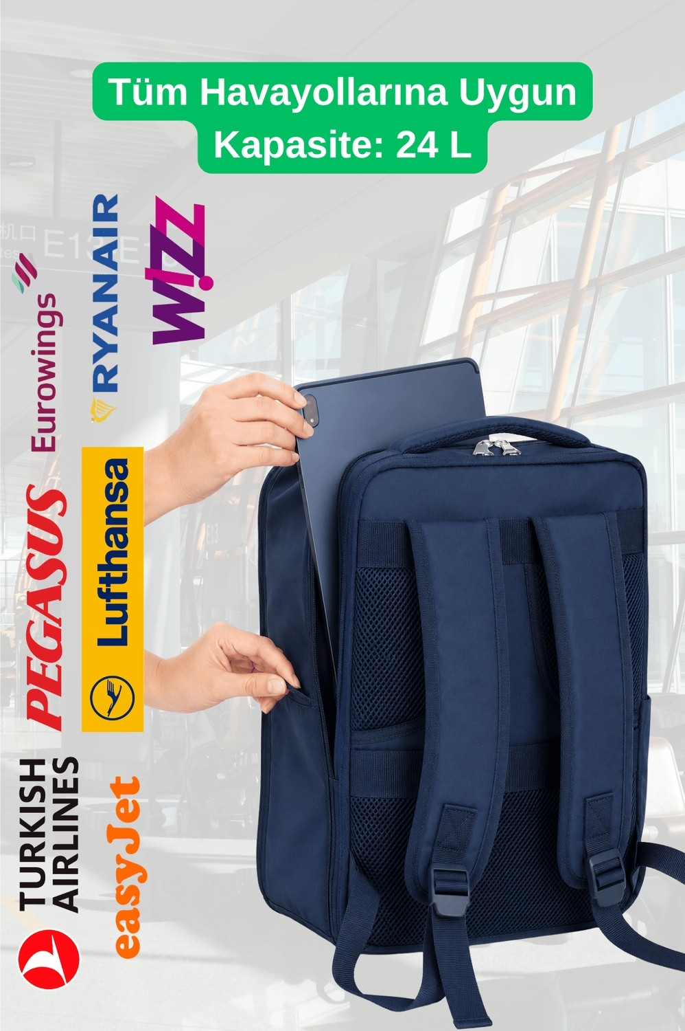 Jet Turtle Seyahat Sırt Çantası 40CM 40X25X15 cm Pegasus, Wizz Air, Ryanair, El Valizi Koltuk Altı Valizi görsel 7